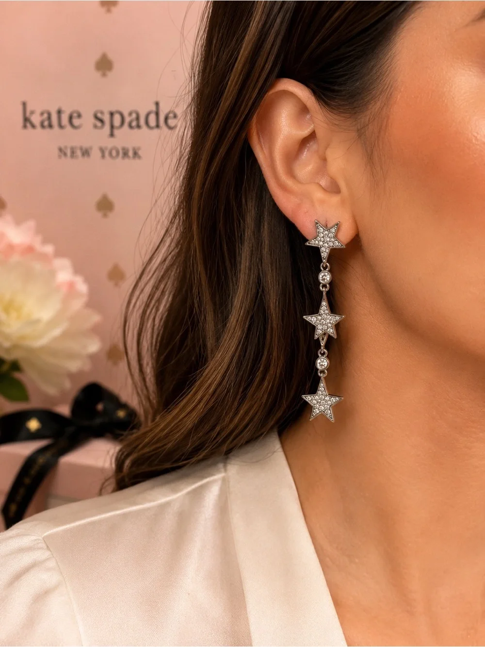Kate Spade New York Sparkling Triple Star Drop Earrings – Silver Tone